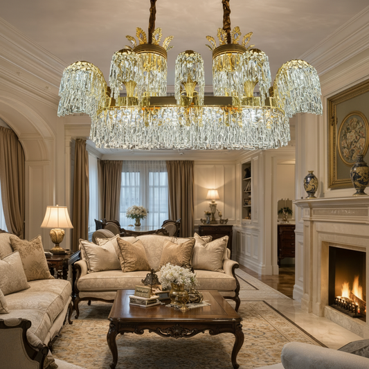 Candelabru Cristal PALACE Grande, 12 brate, 20xG9, 120cm, Auriu Lucios, Inaltime Reglabila, Metal si Cristal Candelabre Cristal Default Title Alessandro Design