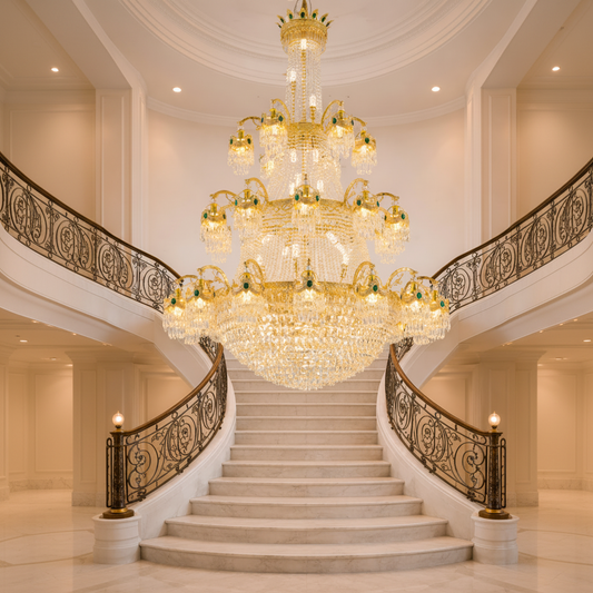 Candelabru Cristal , 61xE14, Diametru 150cm, Inaltime 200cm, Auriu Lucios, Inaltime Reglabila, Design Elegant Candelabre Cristal Default Title Alessandro Design