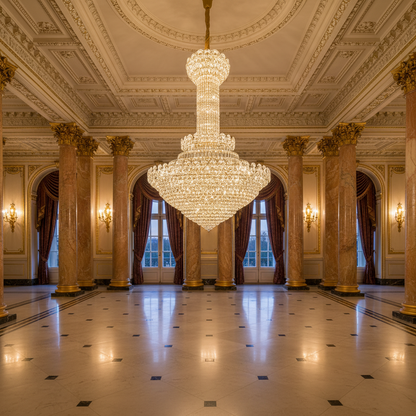 Candelabru Cristal PALAIS Grande 65xE14, Diametru 150cm, Inaltime 240cm, Auriu Lucios, Inaltime Reglabila, Design Elegant Candelabre Cristal Default Title Alessandro Design