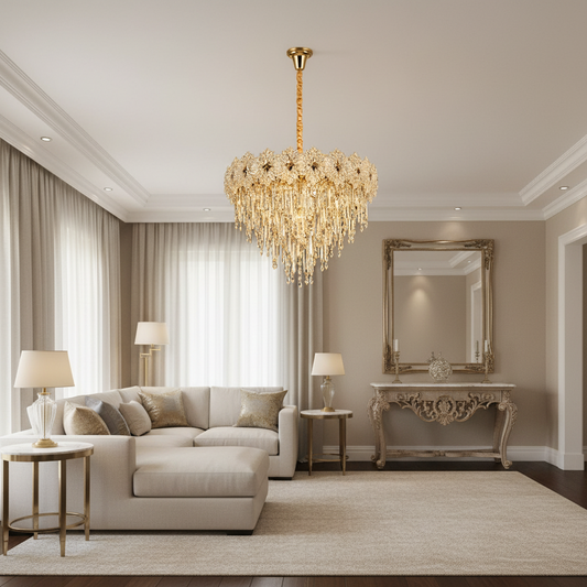 Candelabru Cristal FLEUR Magno 12xE14, Diametru 60cm, Inaltime 45cm, Auriu Lucios, Inaltime Reglabila, Design Elegant Candelabre Cristal Default Title Alessandro Design