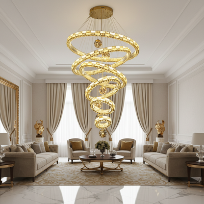 Candelabru Cristal cu Telecomanda RONDOS Supremo, 120x350cm, Lumina Calda/Neutra/Rece, Auriu, Metal si Cristal