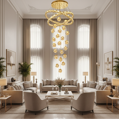 Candelabru Cristal cu Telecomanda DUARA Supremo, 90x300cm, Lumina Calda/Neutra/Rece, Auriu, Metal si Cristal
