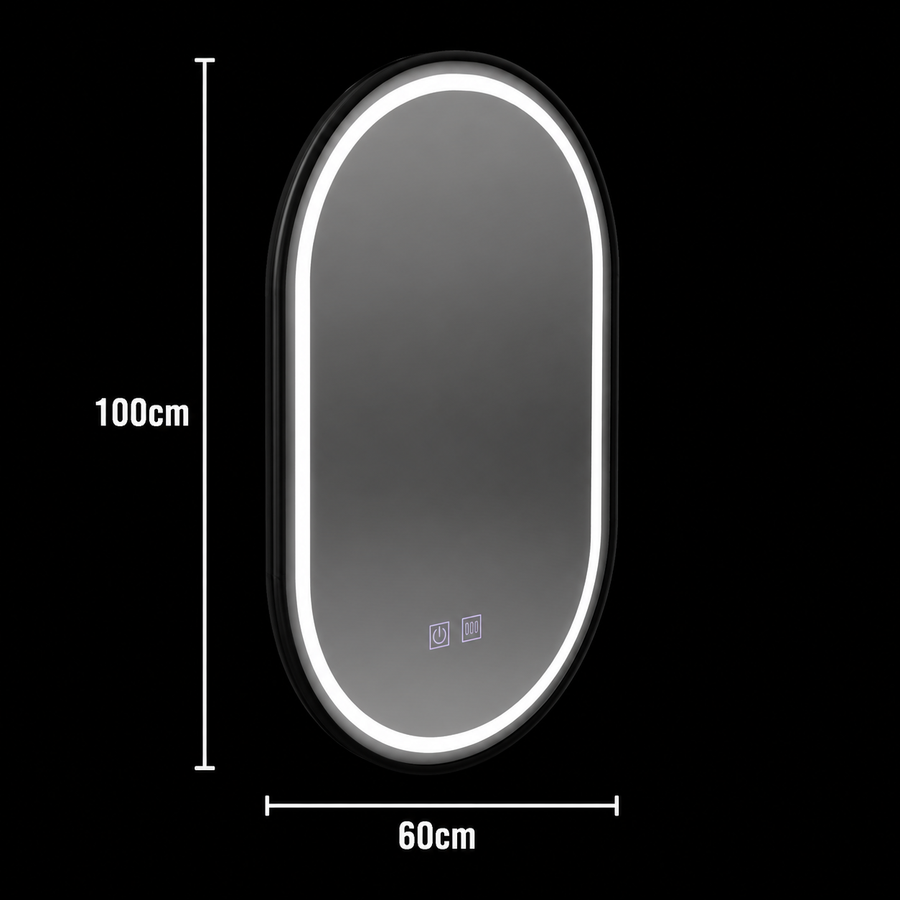 LED oválne zrkadlo 60 x 100 cm VETRO dotykový stmievateľný systém odhmlievania, čierny rám