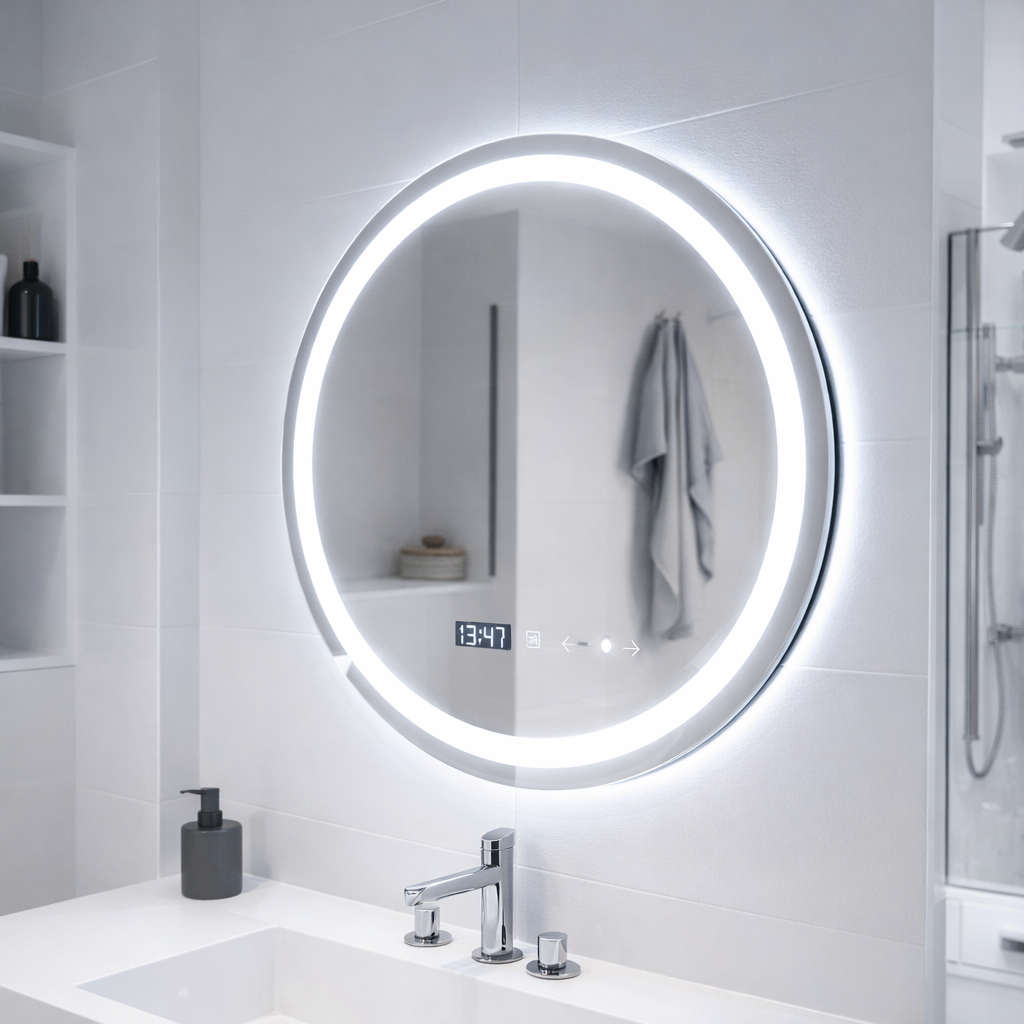 Oglinda LED Rotunda, 70cm, Celeste MotionGlow Marcello, Sistem Dezaburire, Ceas & Termometru, Dimabila, Lumina Calda Neutra Rece 3000K/4000K/6000K Oglinzi Marcello Default Title Alessandro Design