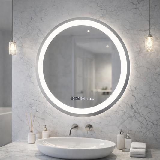 Oglinda LED Rotunda, Diametru 50cm, Celeste MotionGlow Marcello, Sistem Dezaburire, Ceas & Termometru, Dimabila, Lumina Calda Neutra Rece 3000K/4000K/6000K Oglinzi Marcello Default Title Alessandro Design