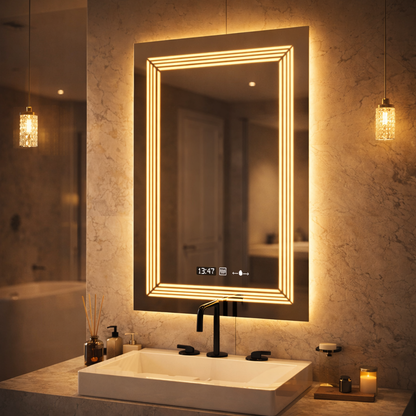 Oglinda LED Rectangulara, 60x80cm, Venezia Senzor MotionGlow Marcello, Sistem Dezaburire, Ceas & Termometru, Dimabila, Lumina Calda Neutra Rece 3000K/4000K/6000K Oglinzi Marcello Default Title Alessandro Design