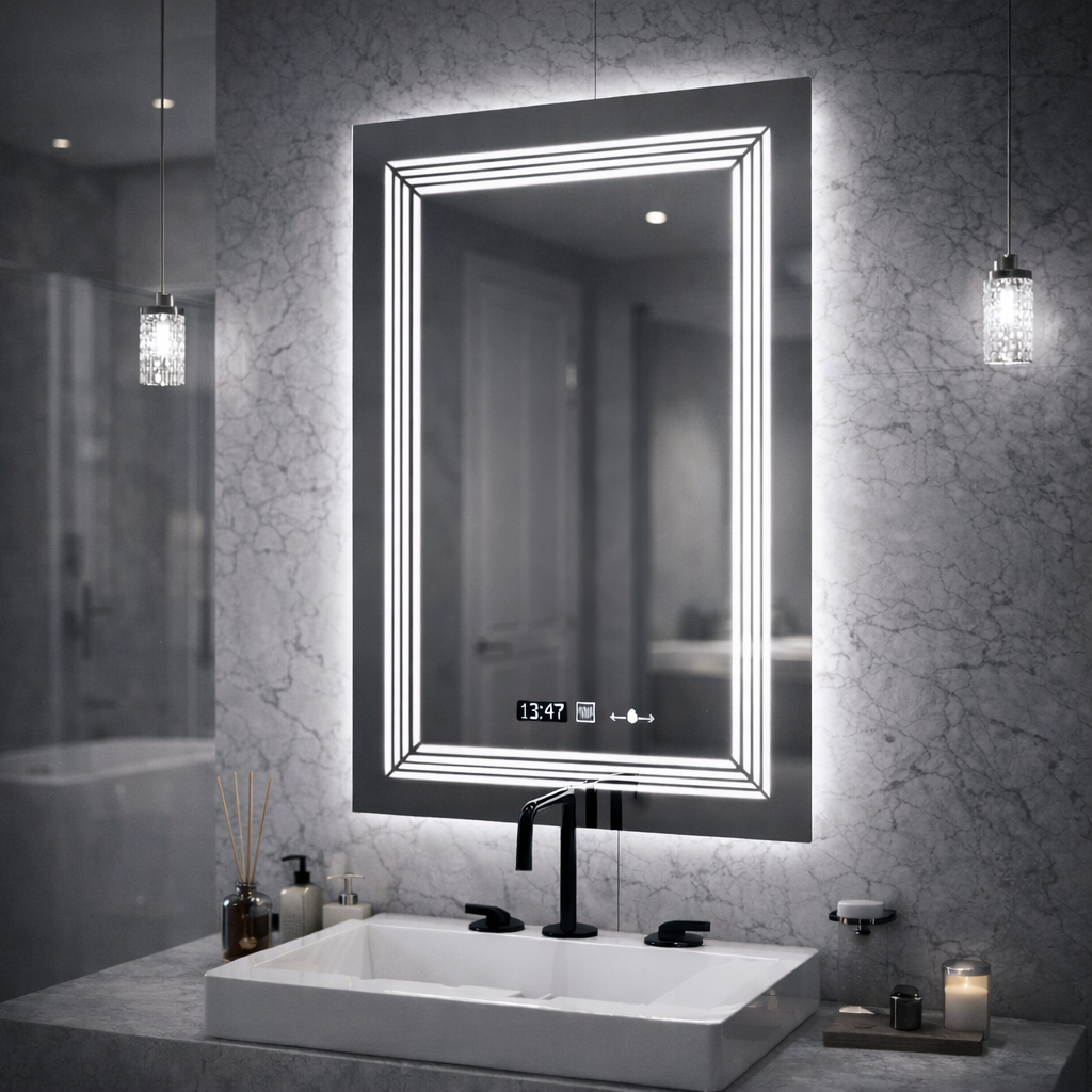 Oglinda LED Rectangulara, 60x80cm, Venezia Senzor MotionGlow Marcello, Sistem Dezaburire, Ceas & Termometru, Dimabila, Lumina Calda Neutra Rece 3000K/4000K/6000K Oglinzi Marcello Default Title Alessandro Design