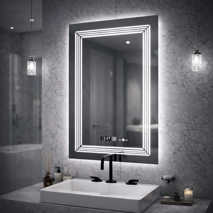Oglinda LED Rectangulara, 60x80cm, Venezia Senzor MotionGlow Marcello, Sistem Dezaburire, Ceas & Termometru, Dimabila, Lumina Calda Neutra Rece 3000K/4000K/6000K Oglinzi Marcello Default Title Alessandro Design