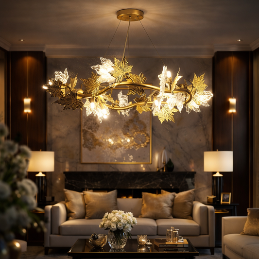 Candelabru Modern LEAFORA Eleganza, 6xE14, Diametru 50cm, Auriu, Inaltime Reglabila, Metal si Cristal Candelabre Moderne Default Title Alessandro Design