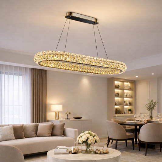 Lustra LED cu Telecomanda, LLC132/900X300GD, Cristal si Metal, 39W, 1 Cerc, Dimabila, Inaltime Reglabila, Lumina Rece/Calda/Neutra, Iluminat Luxos Lustre LED cu Telecomanda Default Title Alessandro Design