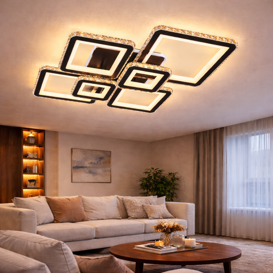 Lustra LED cu telecomanda si cristal QUADRIS RGB 177W, 6 Patrate, lumina Rece/Calda/Neutra 3000K/4000K/6000K, Dimabila, Negru, Metal si Cristal Lustre LED cu Telecomanda Default Title Alessandro Design