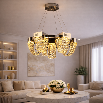 LED krištáľový luster 24W, CC370/800CH, priemer 80cm, lesklý chróm, nastaviteľná výška, teplé neutrálne studené svetlo 3000K/4000K/6000K, kov a krištáľ
