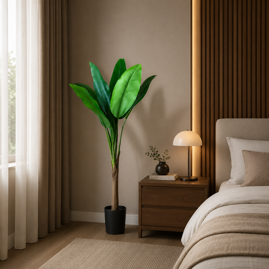 Planta Artificială Copac Tip Bananier, 130 cm, 6 frunze, Verde, cu Ghiveci