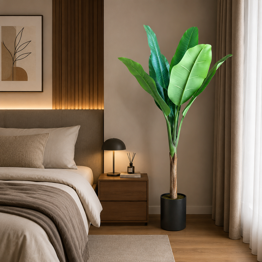 Planta Artificială Copac Tip Bananier, 130 cm, 6 frunze, Verde, cu Ghiveci