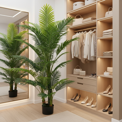 Planta Artificială Copac Tip Palmier Kentia, 3 tulpini, 17 frunze, 220 cm, Verde, cu Ghiveci