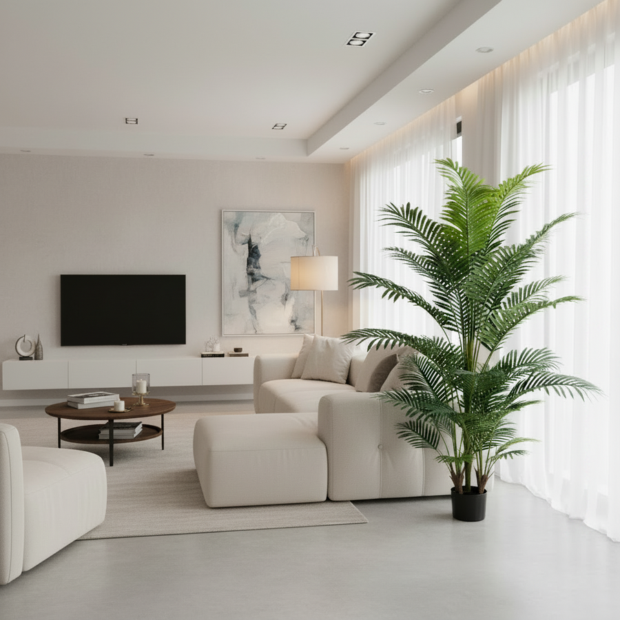Planta Artificială Copac Tip Palmier Kentia, 3 tulpini, 30 frunze, 190 cm, Verde, cu Ghiveci
