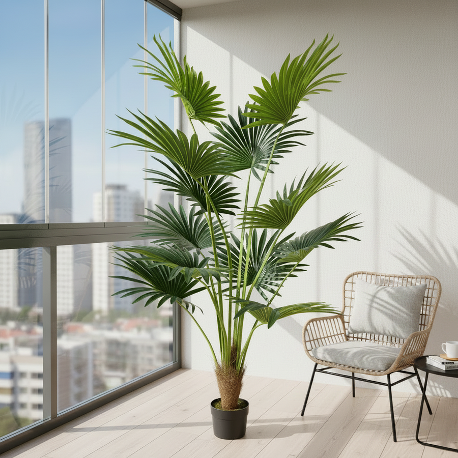 Plantă Artificială Tip Palmier Livistona Evantai, 12 frunze, 180 cm, Verde