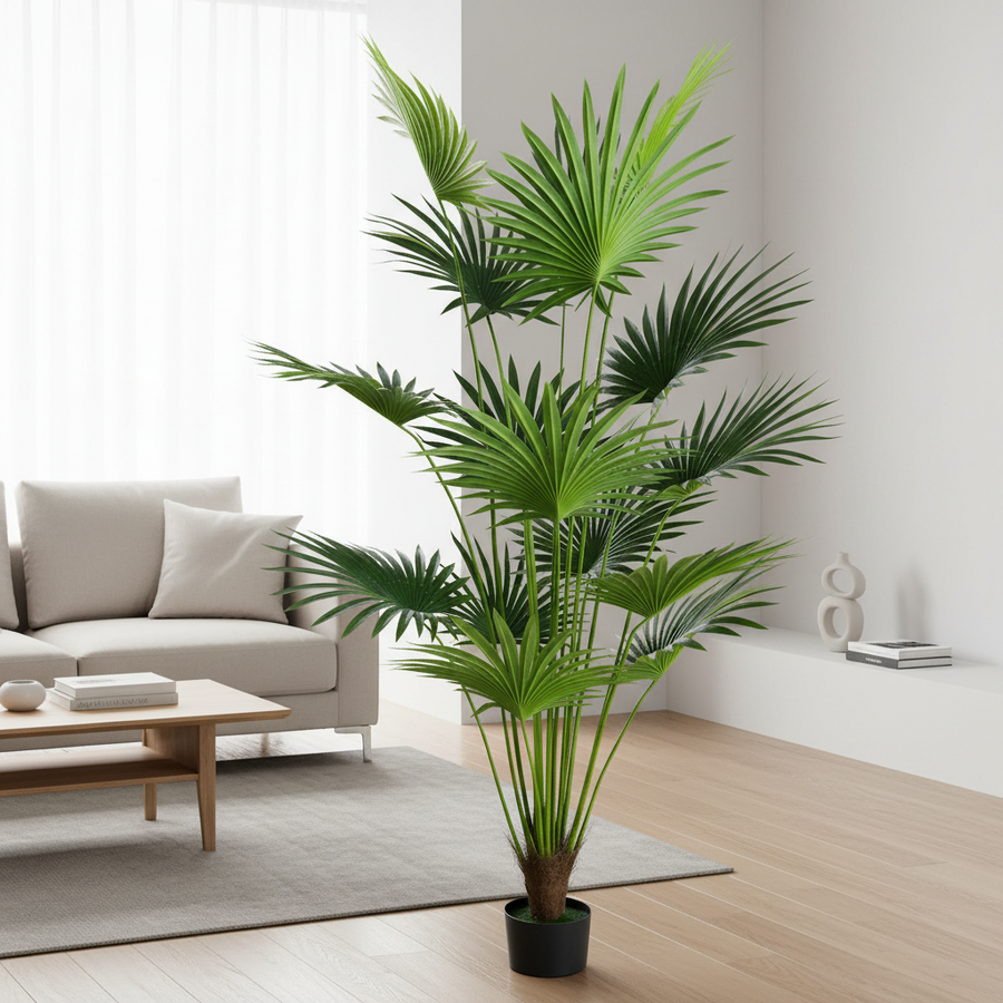 Plantă Artificială Tip Palmier Livistona Evantai, 15 frunze, 200 cm, Verde