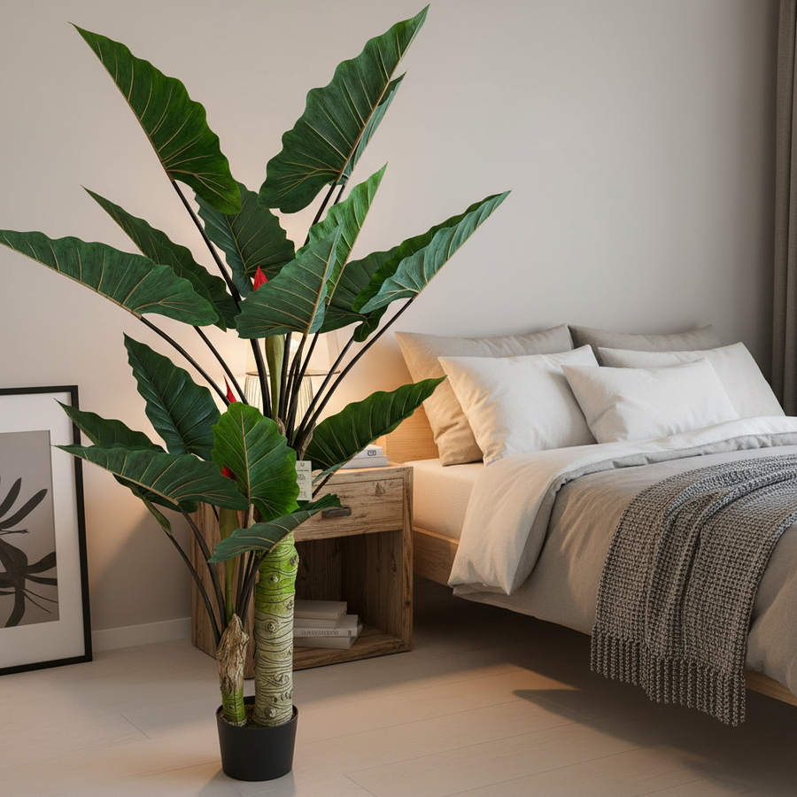 Plantă Artificială Tip Alocasia Cu Frunze Late, 2 trunchiuri, 190 cm, Verde
