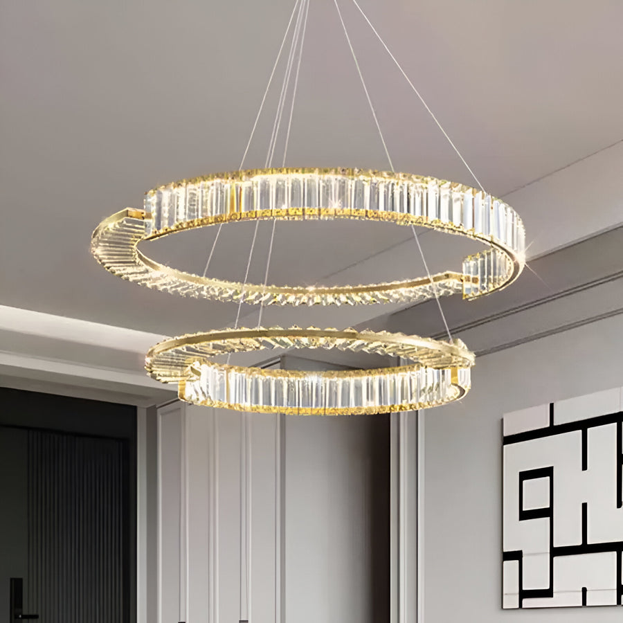 Lustra LED suspendata cu cristal PRISM REGAL 117W, 2 Cercuri, lumina Rece/Calda/Neutra, Dimabila, Auriu, Inaltime Reglabila Lustre LED Cristal Default Title Alessandro Design