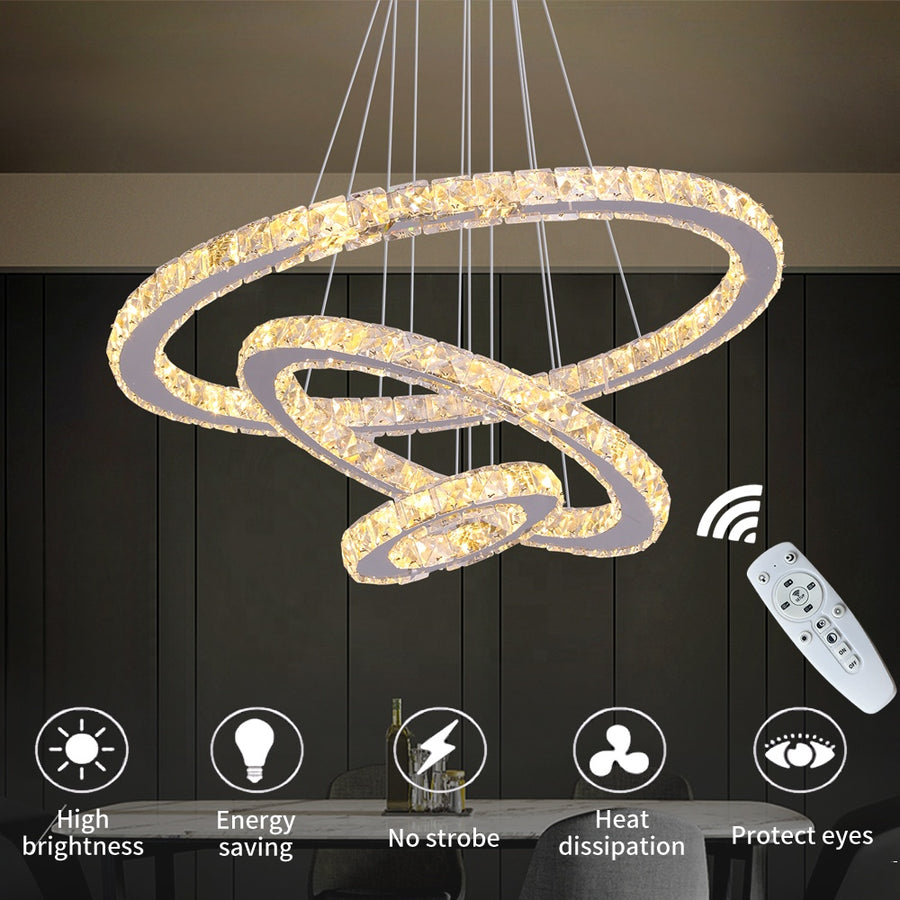 Lustra LED suspendata cu telecomanda si cristal CAYDEN 200W, 3 Cercuri, lumina Rece/Calda/Neutra, Dimabila, Crom Lucios, Inaltime Reglabila Lustra LED Default Title Alessandro Design