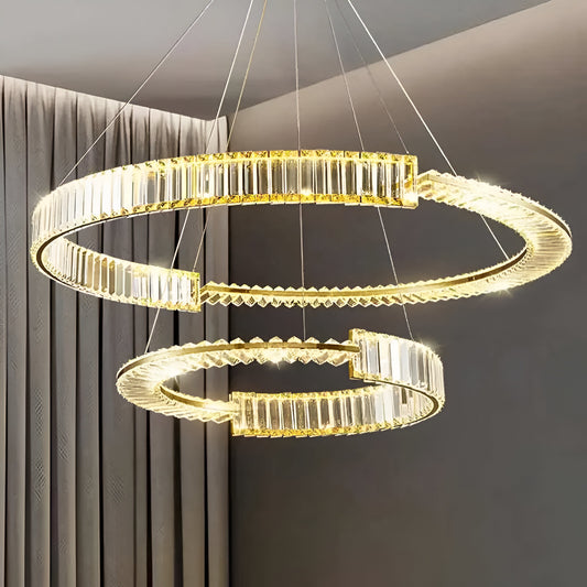 Lustra LED suspendata cu cristal PRISM REGAL 117W, 2 Cercuri, lumina Rece/Calda/Neutra, Dimabila, Auriu, Inaltime Reglabila Lustre LED Cristal Default Title Alessandro Design