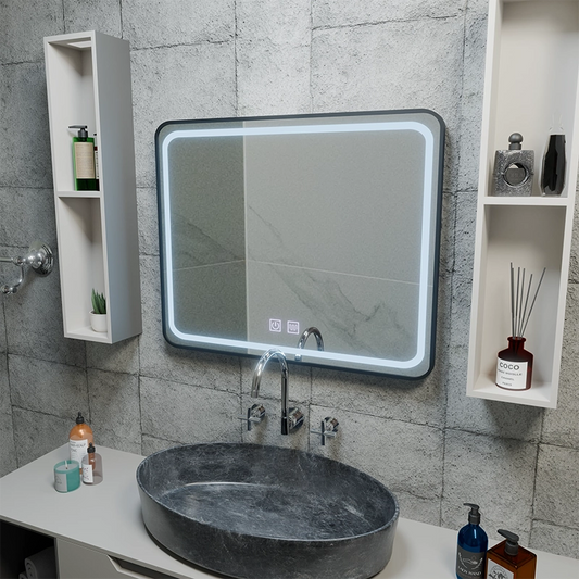 Obdĺžnikové LED zrkadlo 80x60cm - EDGE Touch Demister System, čierny rám