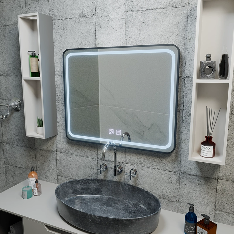 Obdĺžnikové LED zrkadlo 80x60cm - EDGE Touch Demister System, čierny rám