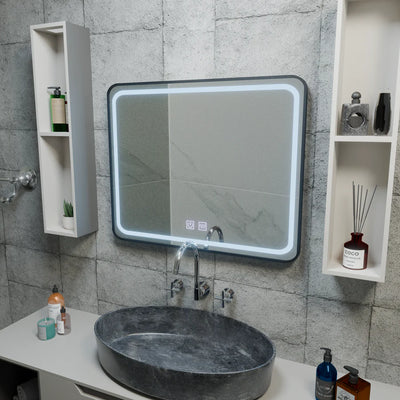 Obdĺžnikové LED zrkadlo 90x75cm EDGE Touch Demister System, čierny rám