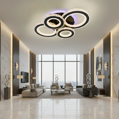 LED luster s diaľkovým ovládaním a krištáľom NOVA ROTONDA RGB 82W, 4 kruhy, studené/teplé/neutrálne svetlo, stmievateľné, čierny