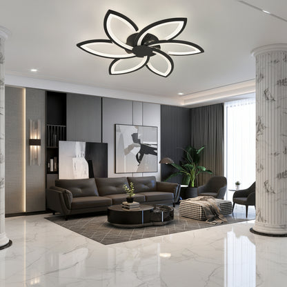 Lustra LED cu telecomanda si cristal FLORA  82W, 6 Petale, lumina Rece/Calda/Neutra, Dimabila, Negru