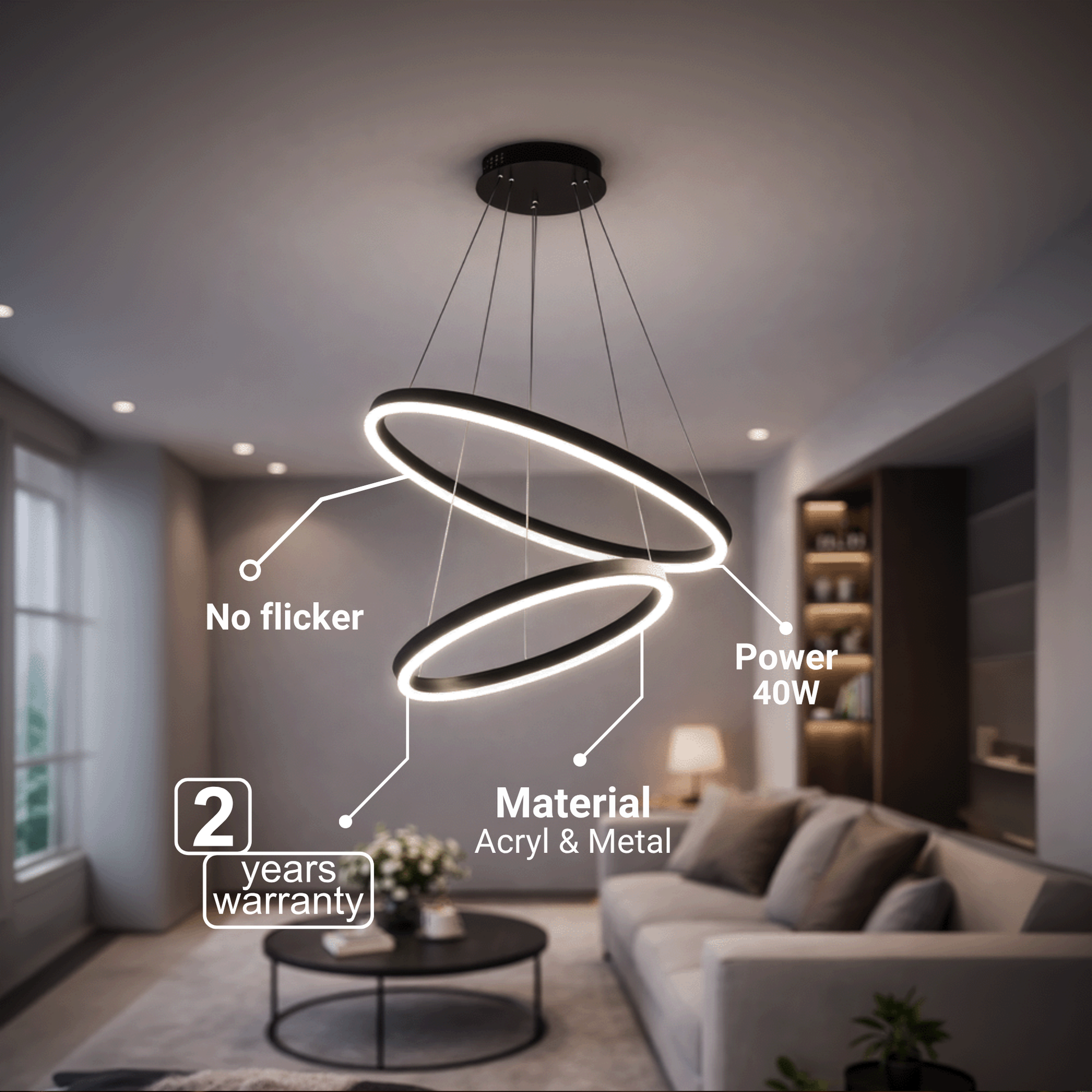 Lustra LED suspendata cu Telecomanda CASIANA 40W, 2 Cercuri, Lumina Rece/Calda/Neutra 3000K/4000K/6000K, Dimabila, Negru, Inaltime Reglabila, Metal si Acril Lustre LED cu Telecomanda Default Title Alessandro Design