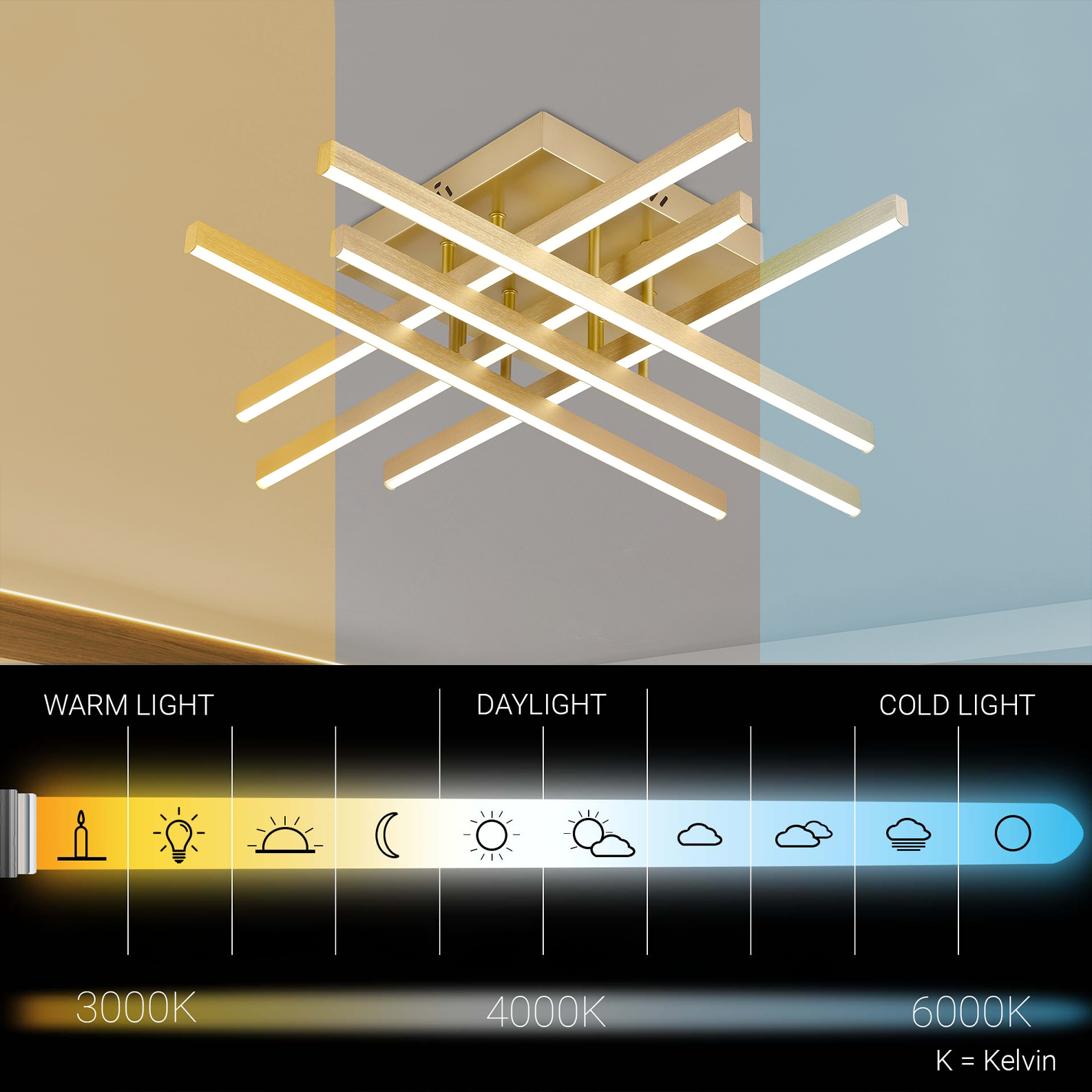 Lustra LED cu Telecomanda LINEX, 108W, Lumina 3000K/4000K/6000K, Dimabila, Auriu Lustre LED cu Telecomanda Default Title Alessandro Design