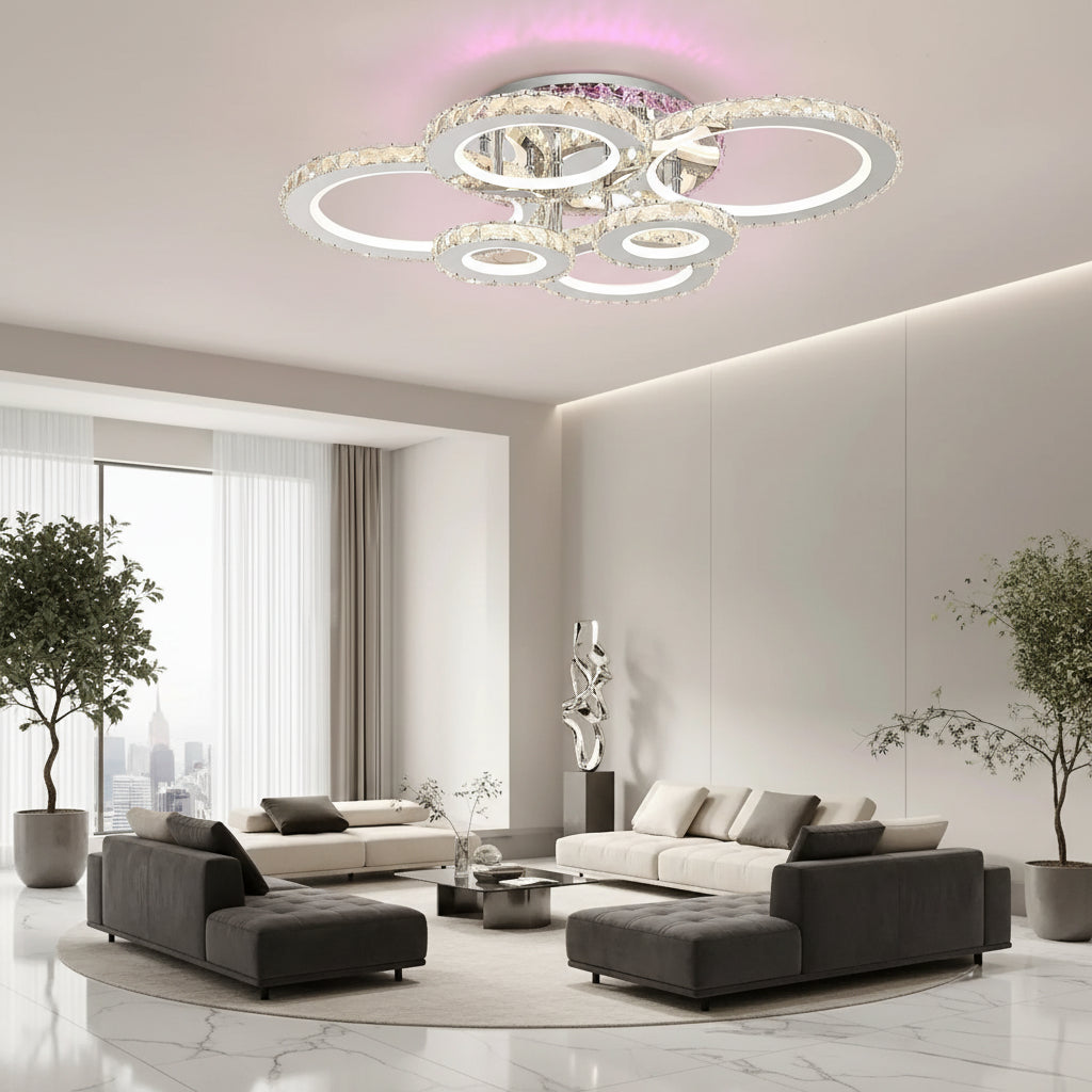 Lustra LED cu telecomanda si cristal NOVA ROTONDA RGB 144W, 6 Cercuri, lumina Rece/Calda/Neutra, Dimabila, Crom Lucios Lustre LED & Cristale Default Title Alessandro Design