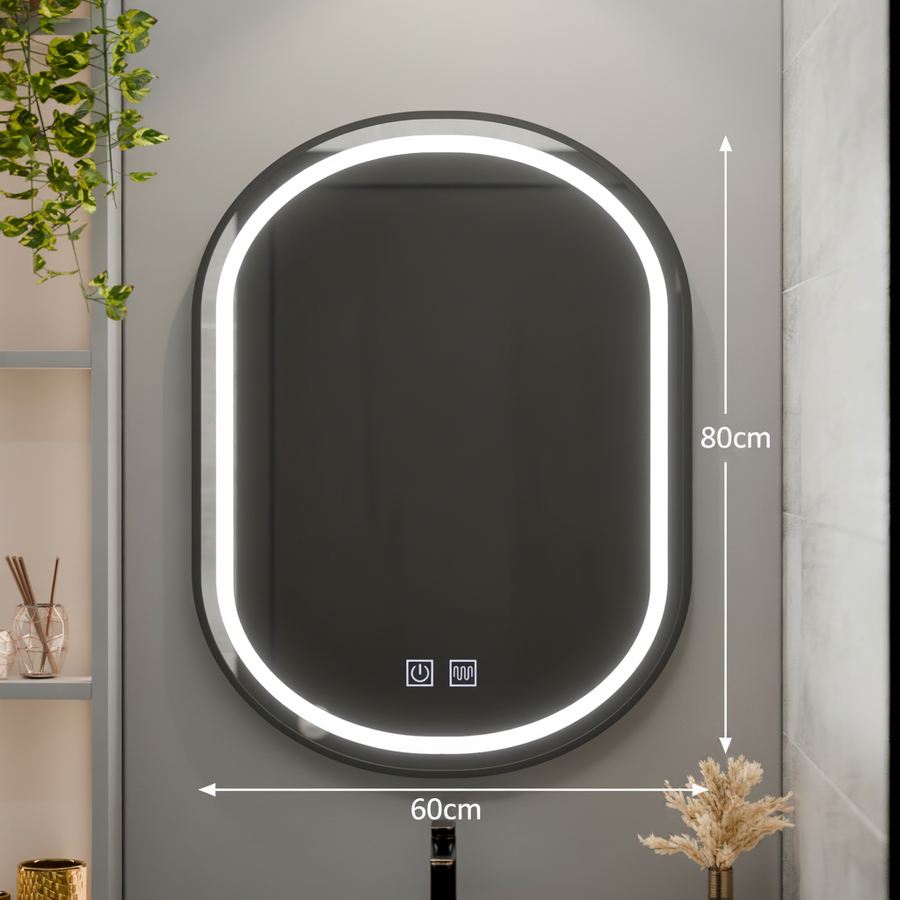 LED oválne zrkadlo 60x80 cm VETRO Touch Stmievateľný systém odhmlievania, čierny rám