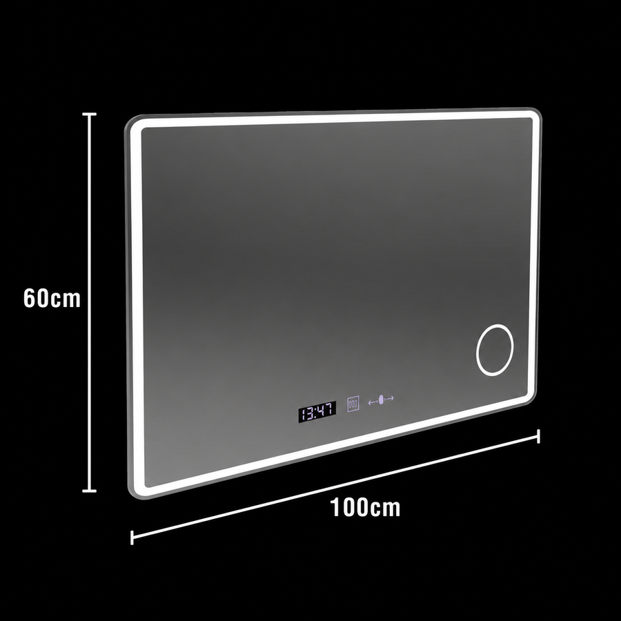 Obdĺžnikové LED zrkadlo 120x80 Aura Riflesso Puro MotionGlow Marcello, Demister System, Teplomer a hodiny, Stmievateľné