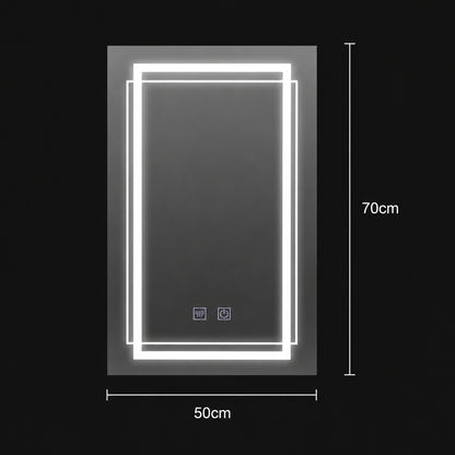 Obdĺžnikové LED zrkadlo, 50x70cm, KOVEN Touch, Demister System, Stmievateľné
