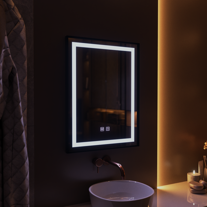 Obdĺžnikové LED zrkadlo, 60x80cm, EDGE Touch, Demister System, čierny rám