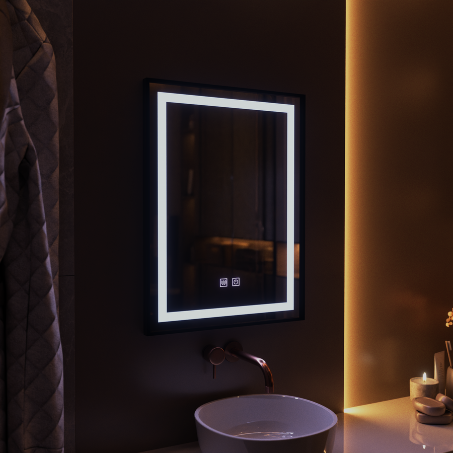 Obdĺžnikové LED zrkadlo, 60x80cm, EDGE Touch, Demister System, čierny rám