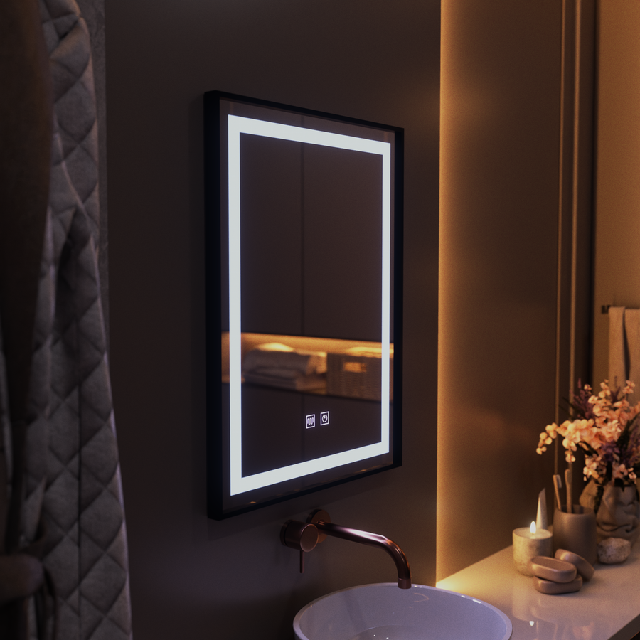 Obdĺžnikové LED zrkadlo, 60x80cm, EDGE Touch, Demister System, čierny rám