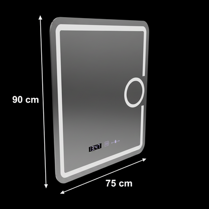 Obdĺžnikové LED zrkadlo, 75x90cm, Eclat MotionGlow Marcello, Demister System, Hodiny & Teplomer, Kozmetická lupa, Stmievateľné