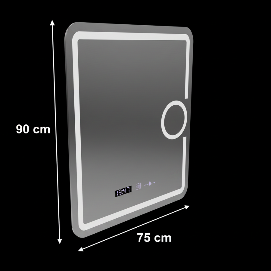 Obdĺžnikové LED zrkadlo, 75x90cm, Eclat MotionGlow Marcello, Demister System, Hodiny & Teplomer, Kozmetická lupa, Stmievateľné