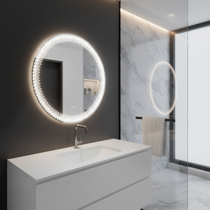 Oglinda LED Rotunda Nexos, 60cm, 24W, Lumina Calda/ Rece/ Neutra, Senzor, Sistem Dezaburire, Ceas, Dimabila