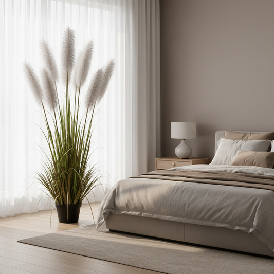 Planta Artificială Iarbă Ornamentală, 220cm, cu 7 fire, Stuf sj Iarba, Verde si Gri,  Fara Ghiveci
