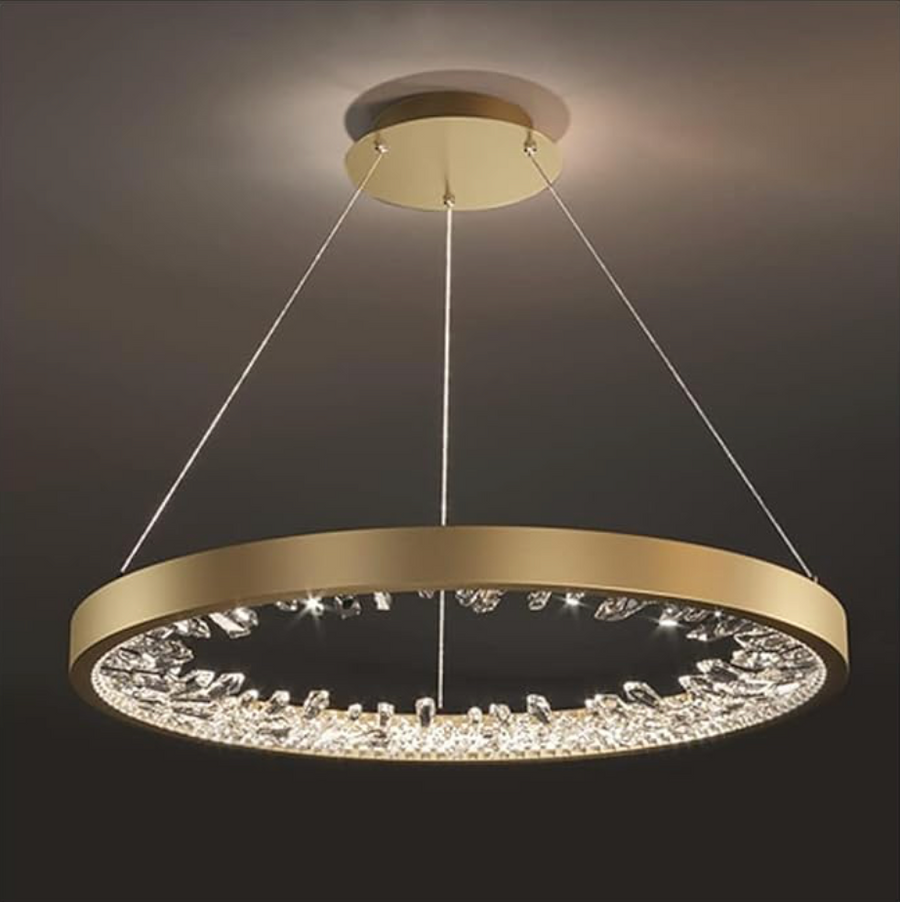 Lustra LED suspendata cu telecomanda, Cristale K9, 29W, 1 Cerc, lumina Rece/Calda/Neutra, Dimabila, Auriu, Inaltime Reglabila Lustre LED cu Telecomanda Default Title Alessandro Design