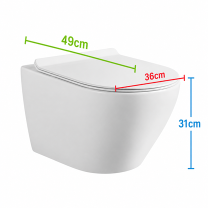 Toaletă Suspendată Fără Ramă NUNAVUT, Evacuare Orizontală (P-Trap) 18 cm, 49x36x31cm,Alb
