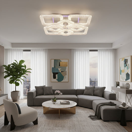 Lustra LED RENATO Magno cu telecomanda si cristal,  128W, 8 Patrate, Lumina Rece/Calda/Neutra, Dimabila, Alb
