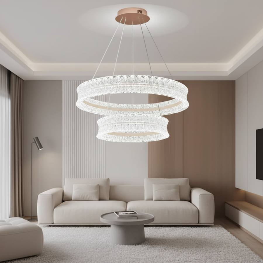 Lustra LED Cristal cu telecomanda, 118W, Lumina Calda/Neutra/Rece, Φ60 cm, Inaltime Reglabila, Metal si Cristal, Auriu