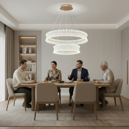 Lustra LED Cristal cu telecomanda, 118W, Lumina Calda/Neutra/Rece, Φ60 cm, Inaltime Reglabila, Metal si Cristal, Auriu