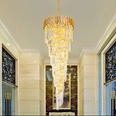 Krištáľový luster CC110/600x1800GD, 28xE14, Priemer 60cm, Výška 180cm, Lesklý zlatý, Nastaviteľná výška, Elegantný dizajn